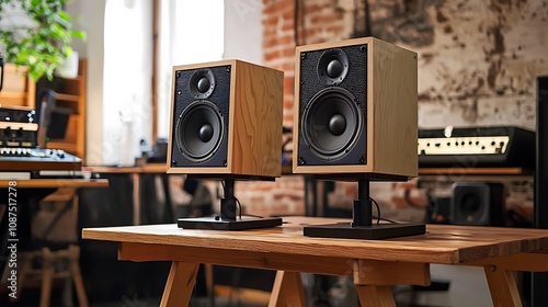 Two wooden bookshelf speakers on a wooden table in a music studio.