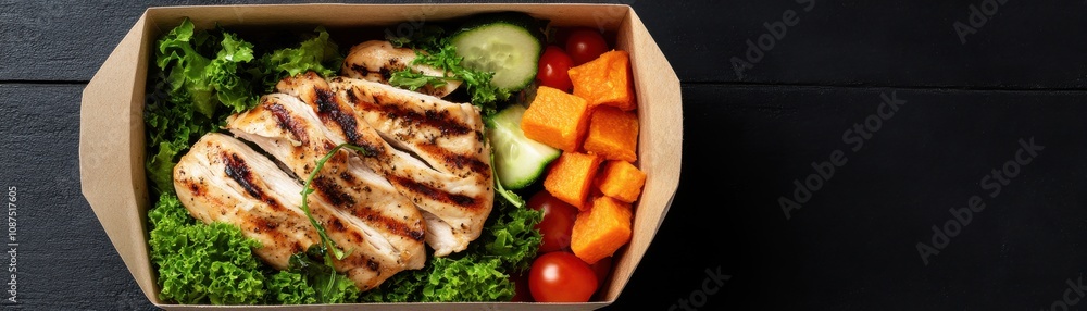 A nutritious meal box featuring grilled chicken, fresh vegetables, and colorful fruits, presented in an eco-friendly container. A nutritious meal box featuring grilled chicken, fresh vegetables, and colorful fruits, presented in an eco-friendly container.