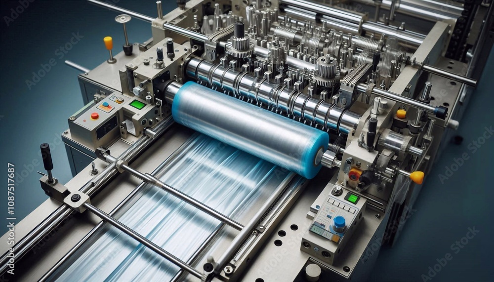Automatic plastic bag making machine. Close up of plastic bag making machine roller. Packaging production concept Automatic plastic bag making machine. Close up of plastic bag making machine roller. Packaging production concept