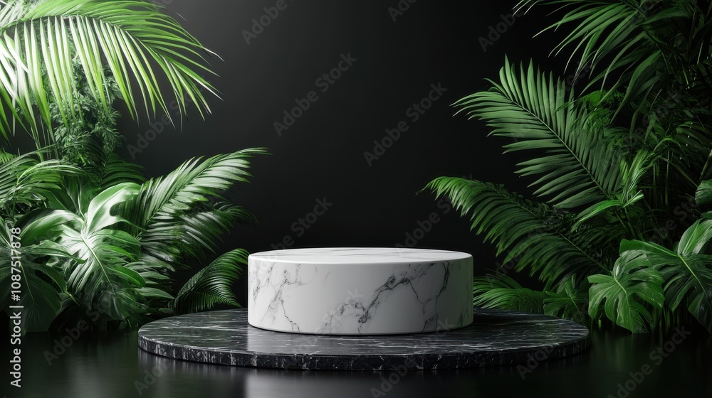 A minimalist display featuring a marble pedestal surrounded by lush green foliage against a dark background. A minimalist display featuring a marble pedestal surrounded by lush green foliage against a dark background.