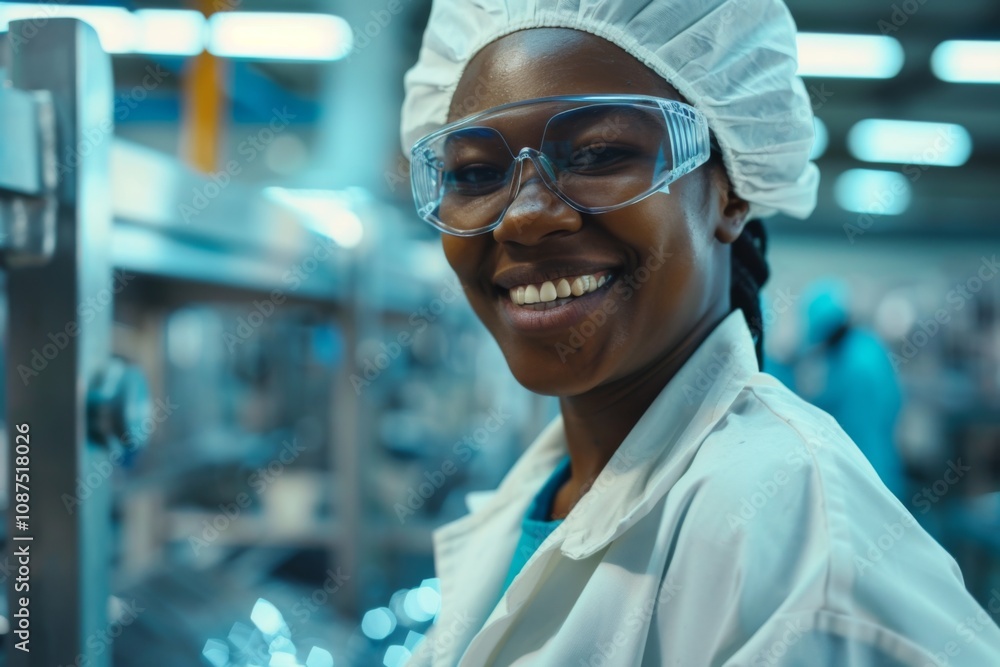 Happy African American female employee working at a solar plant Happy African American female employee working at a solar plant