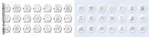 Clipboard, Change money and Stress line icons. White pin 3d buttons, chat bubbles icons. Pack of New mail, Interview, Difficult stress icon. Cashback, Send mail, Graph chart pictogram. Vector
