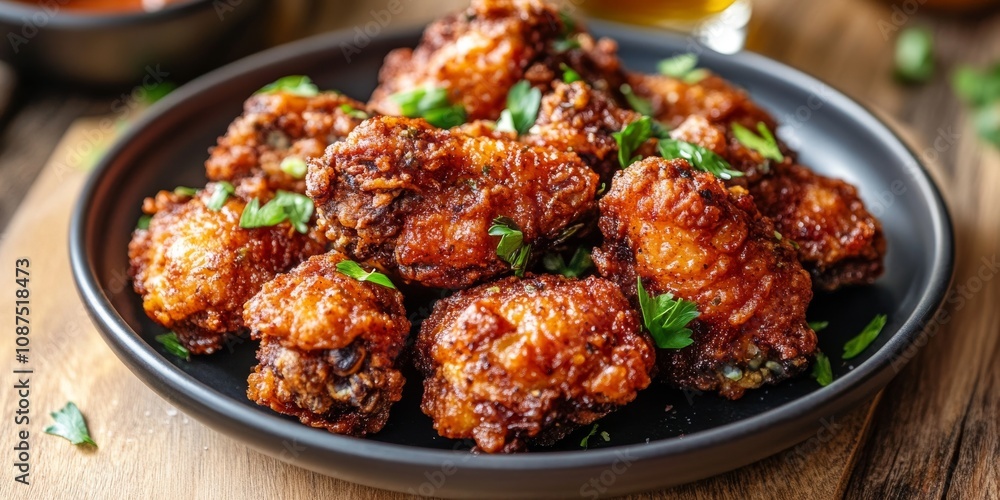 Spicy fried chicken with garlic and pepper served on a plate, perfect for those moments when you enjoy spicy fried chicken paired with a refreshing cold beer for a satisfying experience. Spicy fried chicken with garlic and pepper served on a plate, perfect for those moments when you enjoy spicy fried chicken paired with a refreshing cold beer for a satisfying experience.