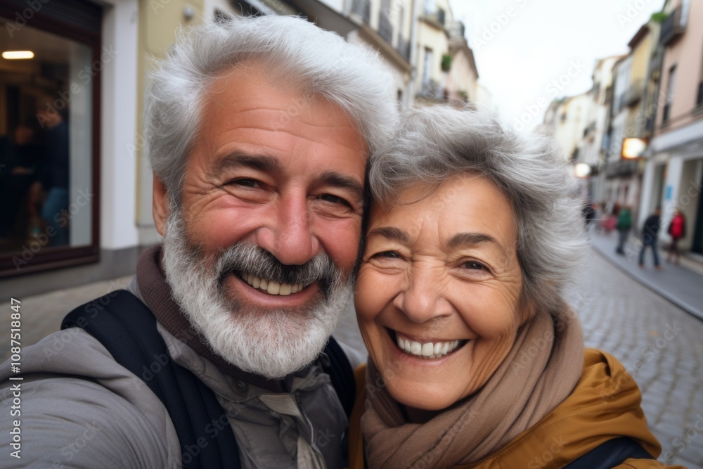 Close up of a senior couple taking selfie while walking in the city Close up of a senior couple taking selfie while walking in the city
