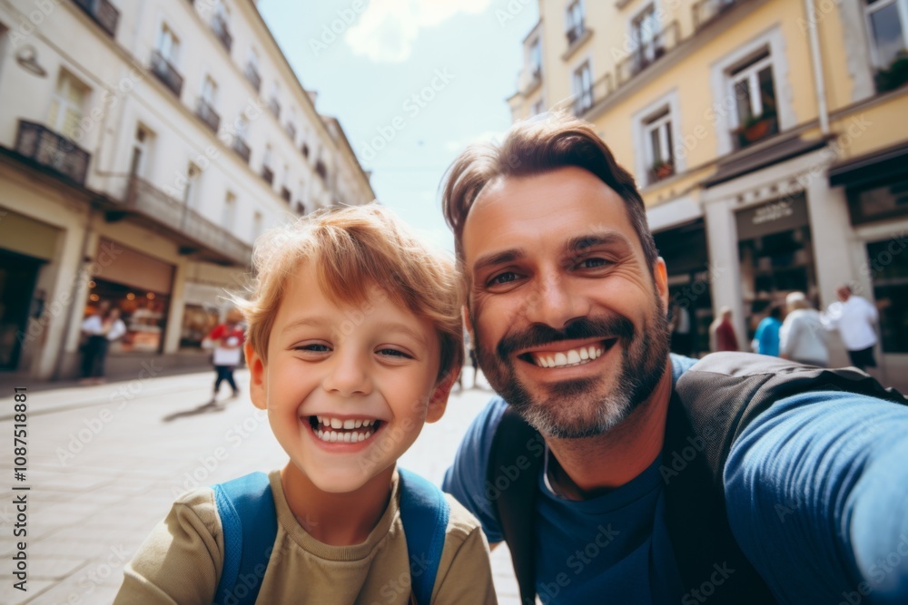 Obraz premium Close up of a father and his son taking selfie while walking in the city
