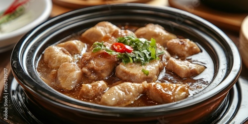 Image of shark fin stew, showcasing the preparation and presentation of this unique dish. The shark fin stew highlights culinary traditions and flavors in an appealing manner.