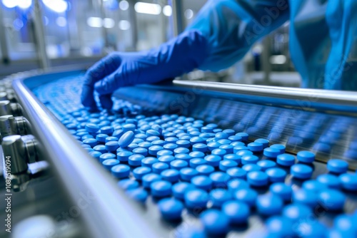 Close up of a pharmaceutical production line with gloved hands