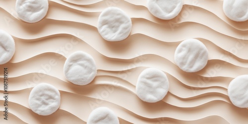 Water ripples and waves create a stunning visual over cotton pads arranged in lines on a beige backdrop, making this background ideal for beauty products and cosmetic product presentation.