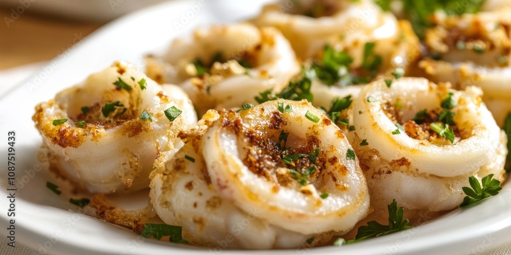 Calamari featuring stuffed squid tubes with a selective focus. This image highlights calamari in a unique presentation, emphasizing the textures and details of the stuffed squid tubes. Calamari featuring stuffed squid tubes with a selective focus. This image highlights calamari in a unique presentation, emphasizing the textures and details of the stuffed squid tubes.