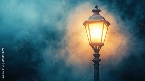 A street lamp glowing in thick fog creating a mysterious atmospheric scene