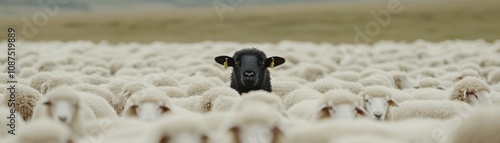 A black sheep stands out among a flock of white sheep in a vast, green pasture, highlighting individuality in a sea of uniformity.