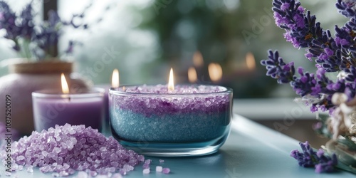 Scented candles and salts designed for creating a tranquil atmosphere ideal for spas and massages, enhancing relaxation and rejuvenation with soothing scents and therapeutic properties. photo