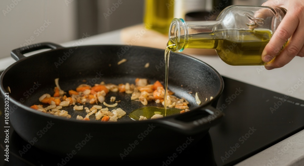 Pouring olive oil frying pan with chopped vegetables Pouring olive oil frying pan with chopped vegetables