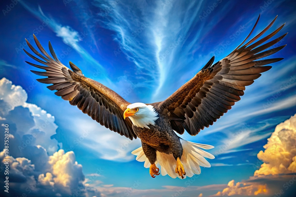 Obraz premium Captivating Eagle Emblem Design with Drone Photography Showcasing a Flying Eagle in a Cute and Stylish Illustration for Branding and Creative Projects