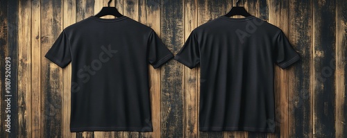 Black T-shirt front and back hanging against wooden background with warm tones