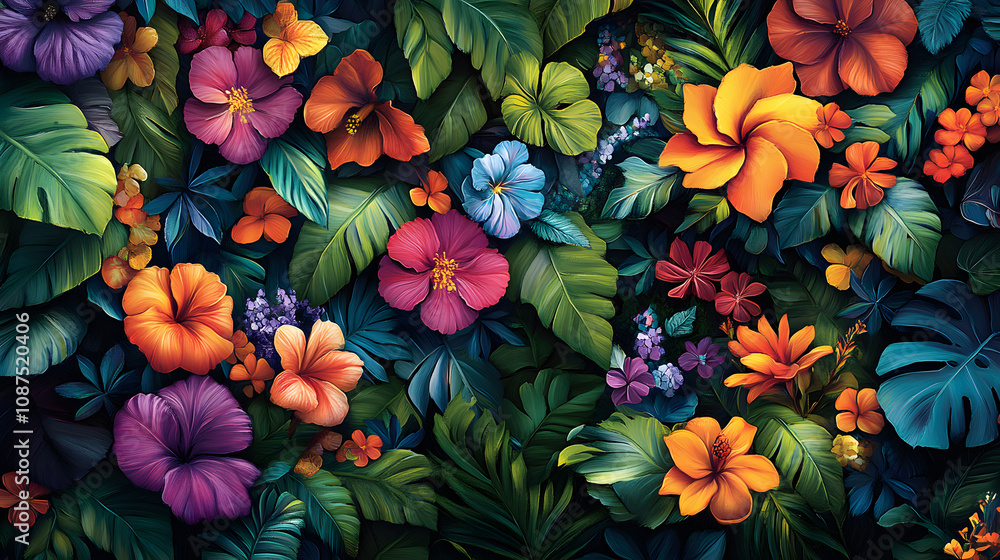 A rich, tropical jungle scene with lush green leaves, exotic flowers, and hidden animals, illustrated in vibrant detail to bring the warmth and beauty of the rainforest to life. A rich, tropical jungle scene with lush green leaves, exotic flowers, and hidden animals, illustrated in vibrant detail to bring the warmth and beauty of the rainforest to life.