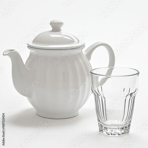 A white teapot beside a clear glass, suggesting a tea-drinking setting.