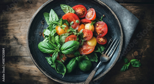 Salada de tomate heirloom e manjericão fresco em prato rústico photo