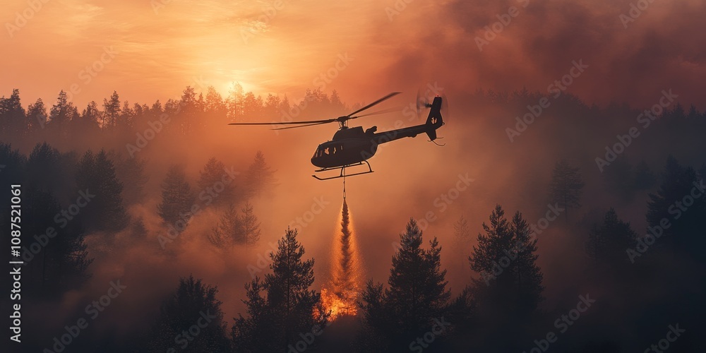 Helicopter engaged in firefighting efforts during a forest fire, showcasing the helicopter s flying capabilities while transporting a water bucket for effective fire suppression. Helicopter engaged in firefighting efforts during a forest fire, showcasing the helicopter s flying capabilities while transporting a water bucket for effective fire suppression.