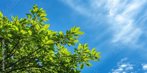 Lush green tree against a bright blue sky creates a vivid backdrop, showcasing the beauty of nature with its vibrant green leaves and the expansive blue sky as a perfect complement.