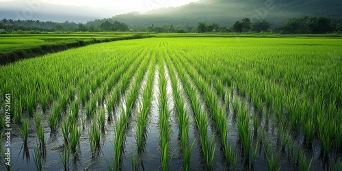 Germinating rice fields showcase the vibrant growth and lush greenery of rice as it begins its journey, highlighting the beauty of rice fields in the early stages of development.
