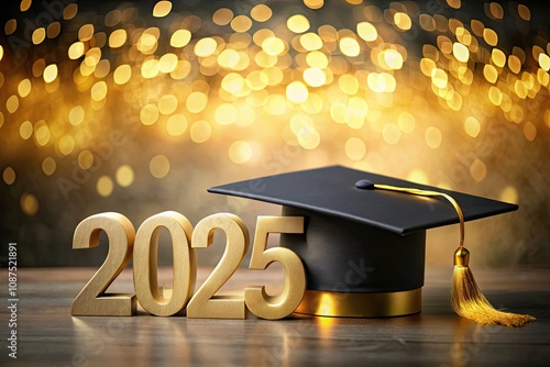 Celebrate Graduation 2025 with Stylish Gold Numbers and Classic Black Mortarboard Cap for Achievement and Future Success photo
