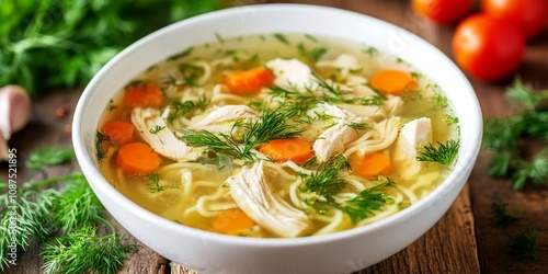 Delicious chicken soup bouillon featuring noodles, tender chicken meat, fresh dill, and parsley beautifully presented in a white bowl. A healthy chicken soup meal option on a rustic backdrop.