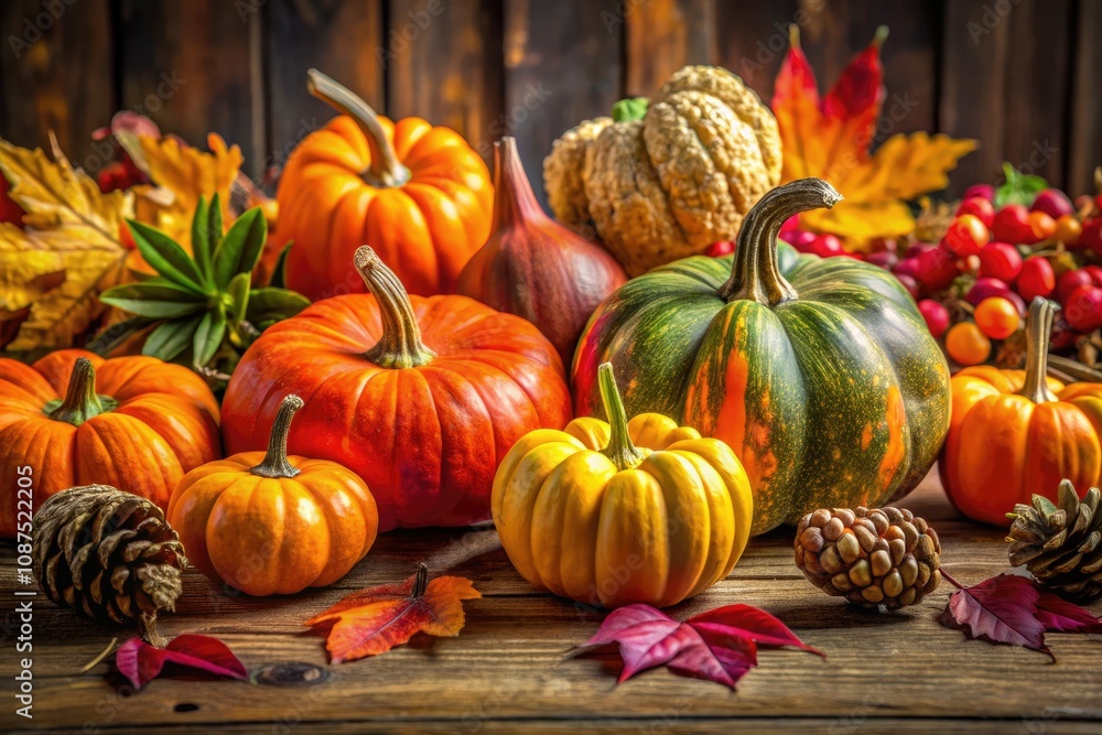 Charming Autumn Pumpkins and Fall Decor on Rustic Table for October Celebrations Charming Autumn Pumpkins and Fall Decor on Rustic Table for October Celebrations