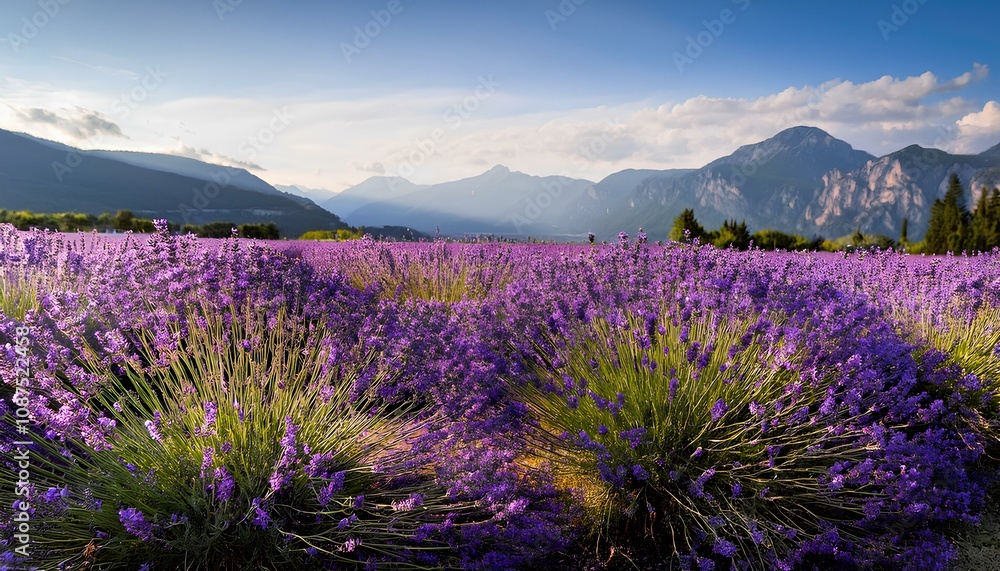 Obraz premium lavender flowers in a field with mountains at the background and sky; selective focus used