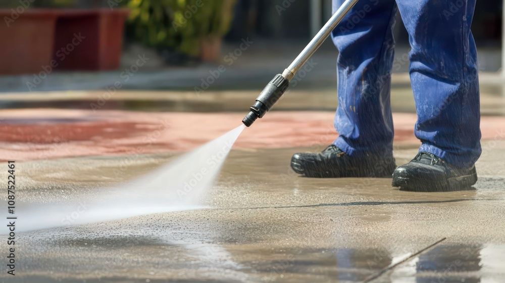 A worker uses a pressure washer to clean a concrete surface. A worker uses a pressure washer to clean a concrete surface.