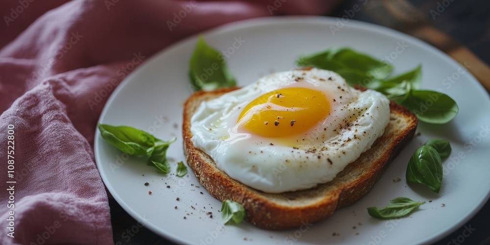 Close up of a tasty poached egg featuring a runny yolk complemented by fresh basil leaves, served on toast in a white plate, with a pink kitchen towel on a dark wooden surface. Close up of a tasty poached egg featuring a runny yolk complemented by fresh basil leaves, served on toast in a white plate, with a pink kitchen towel on a dark wooden surface.