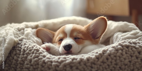 Newborn corgi puppy peacefully resting in a cozy bed, showcasing the adorable charm of a newborn corgi puppy. This tender moment captures the essence of a newborn corgi puppy s tranquility. photo