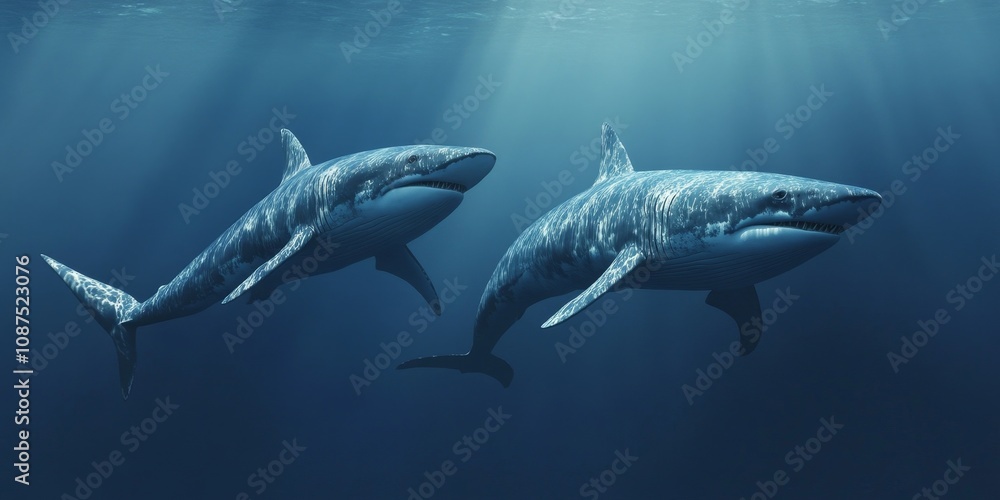 Fototapeta premium Two shark whales gracefully swim in opposite directions, showcasing their impressive size and unique movements, highlighting the beauty of these magnificent shark whales in the ocean.