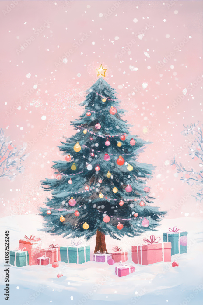 Fototapeta premium A Charming Christmas Tree Adorned With Colorful Lights and Gifts in a Snowy Winter Setting