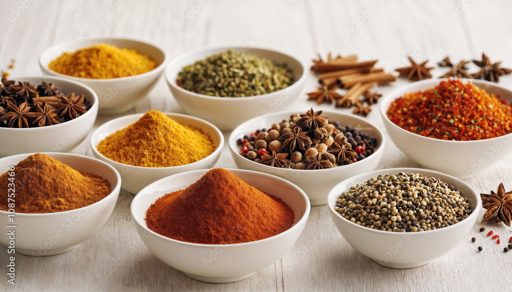 An array of colorful spices fills small bowls, showcasing rich hues of red, yellow, and green, alongside aromatic herbs and cinnamon sticks, creating a feast for the senses. An array of colorful spices fills small bowls, showcasing rich hues of red, yellow, and green, alongside aromatic herbs and cinnamon sticks, creating a feast for the senses.