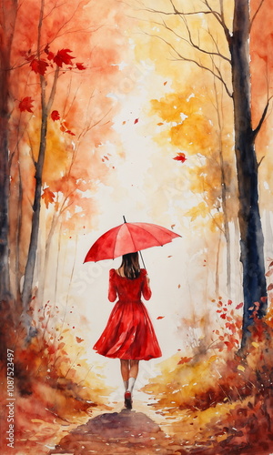 Dressed in a striking red gown, a girl strolls along a winding path blanketed with fallen leaves, brightened by golden sunlight filtering through the trees. Her red umbrella contrasts with autumn hues photo