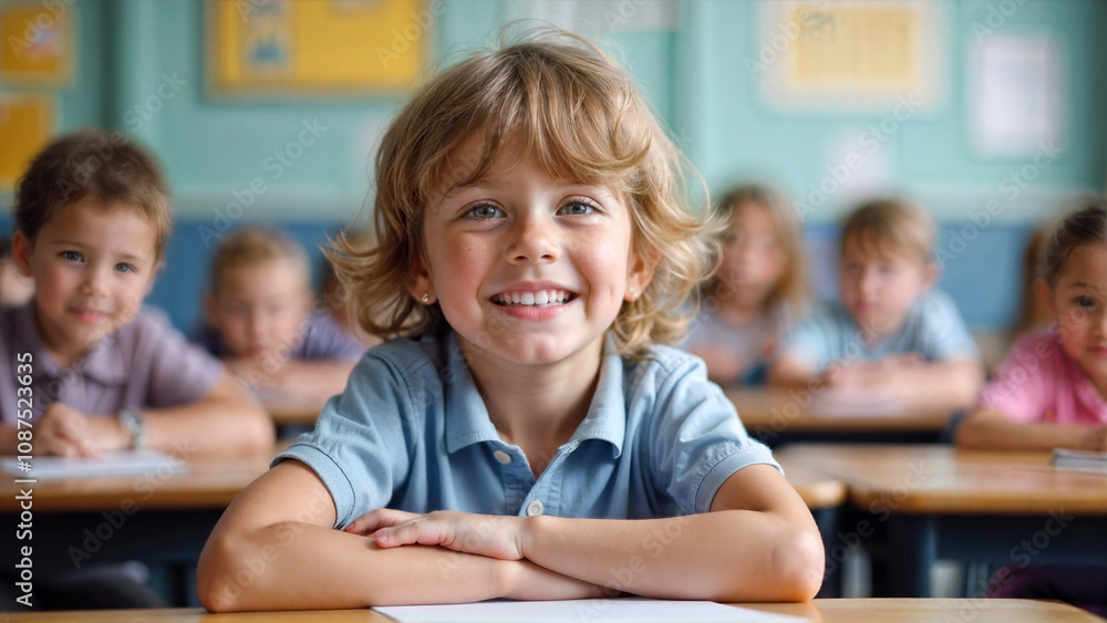 A cheerful boy sits at a desk, happily writing on paper in a vibrant classroom while other students work quietly in the background. A cheerful boy sits at a desk, happily writing on paper in a vibrant classroom while other students work quietly in the background.