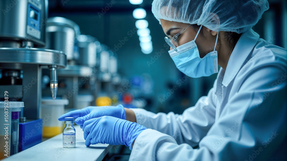 A laboratory technician in a white coat and mask carefully labels vaccine vials in a busy production facility. Colleagues are seen working in the background, ensuring smooth operations.