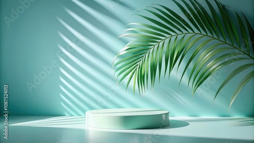 Minimalist Green Podium with Palm Leaf Shadow and Soft Light on Teal Background