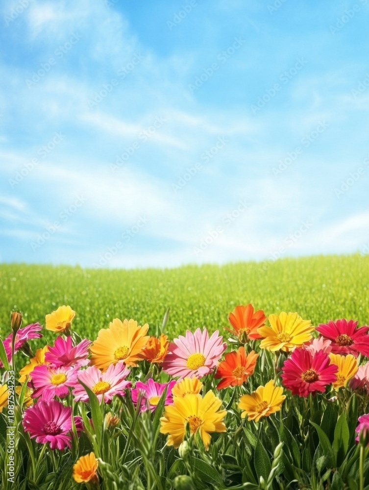 A variety of bright flowers thrive in a lush green meadow, creating a picturesque landscape under the sunny spring sky. Generative AI A variety of bright flowers thrive in a lush green meadow, creating a picturesque landscape under the sunny spring sky. Generative AI
