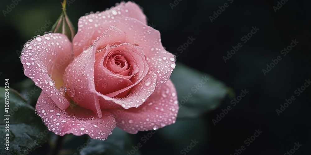 Close up of a pink rose showcasing delicate dew drops on a dark backdrop, creating a stunning floral background that highlights the beauty of the pink rose. Close up of a pink rose showcasing delicate dew drops on a dark backdrop, creating a stunning floral background that highlights the beauty of the pink rose.