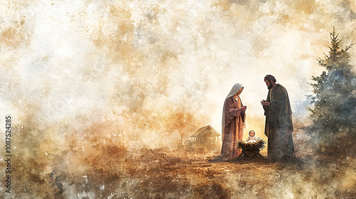 hermosa pintura en efecto acuarela de la sagrada familia del nacimiento del niño jesus del niño dios en la religion catolica noche buena y navidad pintura artistica con espacio de copia para navidad