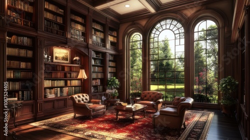 Wallpaper Mural Luxurious Library With Large Windows and Rich Wood Paneling Torontodigital.ca