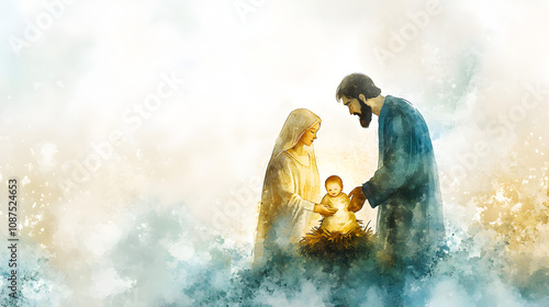 una pintura en efecto acuarela del nacimiento del niño Dios del niño Jesus ilustracion de la sagrada familia nacimiento en navidad y visperas de noche buena para tarjeta navideña
