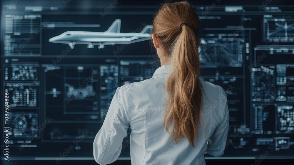 Female aerospace engineer reviewing digital blueprints of a supersonic jet on a touchscreen Female aerospace engineer reviewing digital blueprints of a supersonic jet on a touchscreen