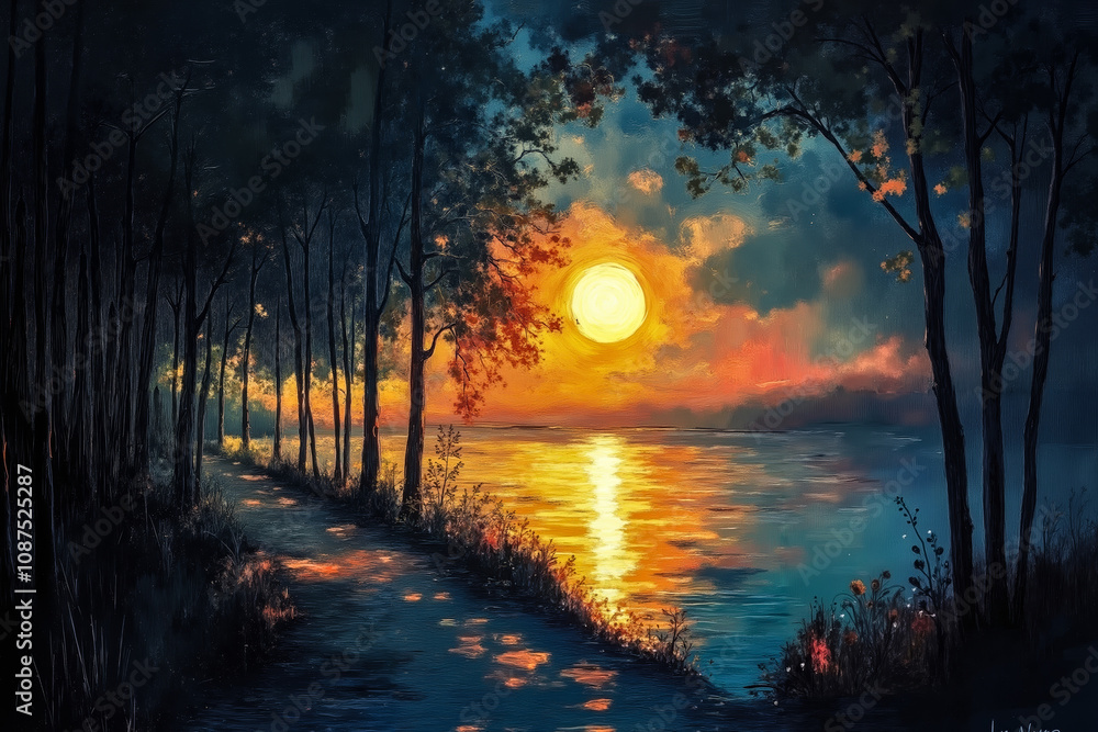 A painting of a sunset over a lake with trees in the foreground A painting of a sunset over a lake with trees in the foreground