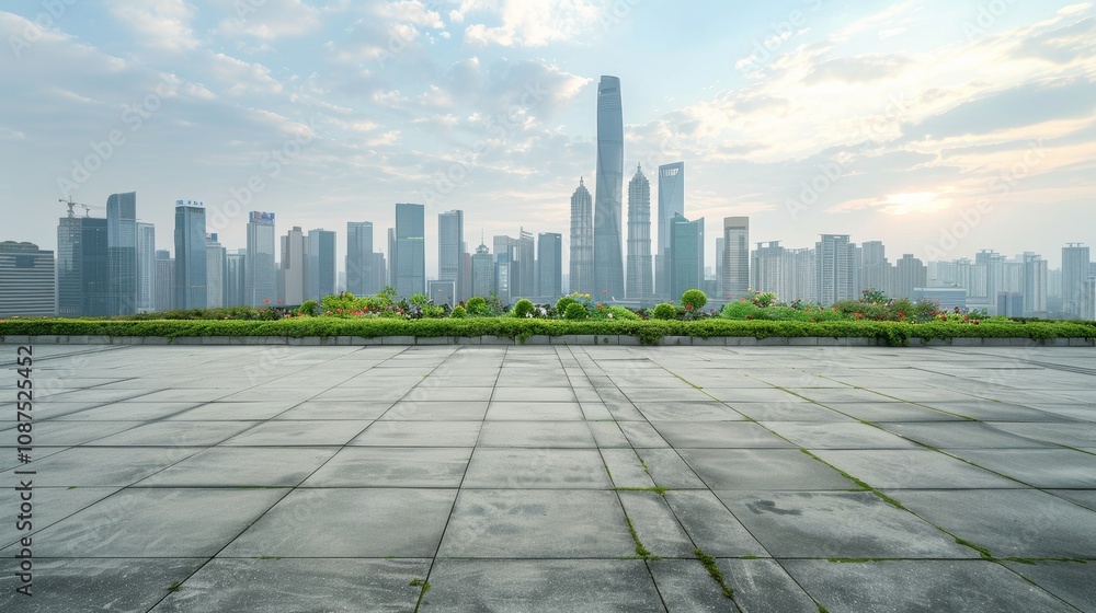 Empty square floor with city skyline background, City square surrounded by iconic skyscrapers, aerial view Empty square floor with city skyline background, City square surrounded by iconic skyscrapers, aerial view