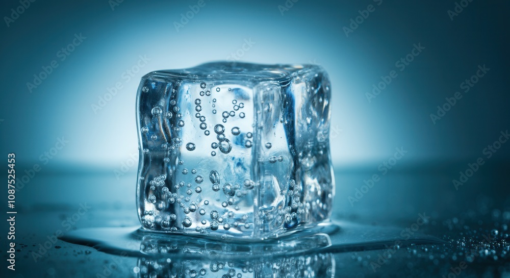 Single ice cube with bubbles on blue background Single ice cube with bubbles on blue background