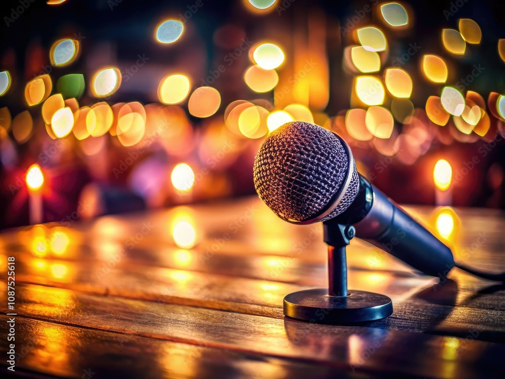Obraz premium Close Up of Microphone on Table at Romantic Night Concert - Intimate Music Experience