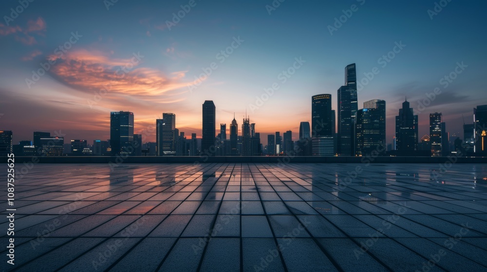 Empty square floor with city skyline background, Metropolitan intersection with architectural diversity, dynamic composition Empty square floor with city skyline background, Metropolitan intersection with architectural diversity, dynamic composition